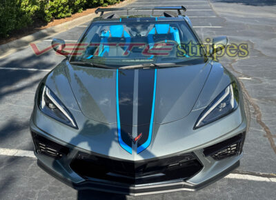Hypersonic gray C8 Corvette Stingray HTC with 3M 2080 HG carbon flash and tension blue full length dual racing stripes