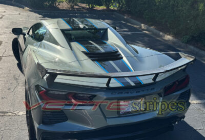 Hypersonic gray C8 Corvette Stingray HTC with 3M 2080 HG carbon flash and tension blue full length dual racing stripes