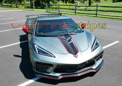 Hypersonic Gray C8 Corvette Stingray with jake hood stripe in 3M 2080 HG gloss carbon flash black carbon fiber edge red hood stripe