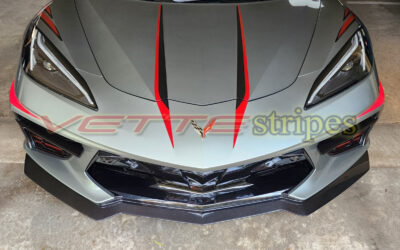Hypersonic gray C8 Corvette Stingray with torch red fangs and other optional stripes