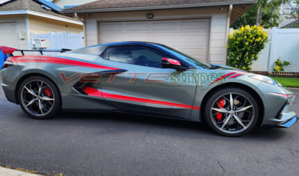 Hypersonic gray C8 Corvette Stingray with torch red side stripes 3