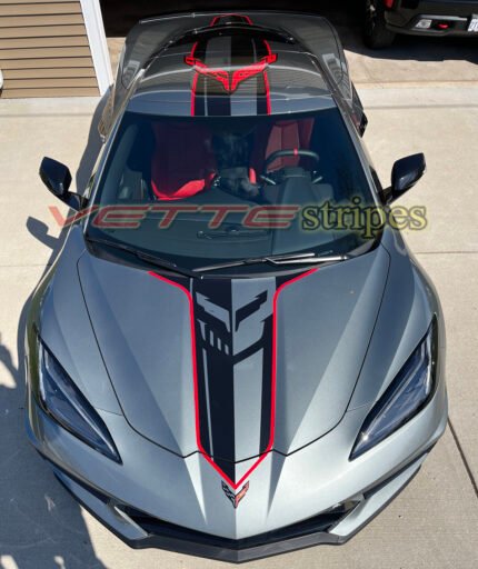 Hypersonic gray C8 Corvette coupe with gloss carbon flash and gloss adrenaline red Stingray R stripes full package