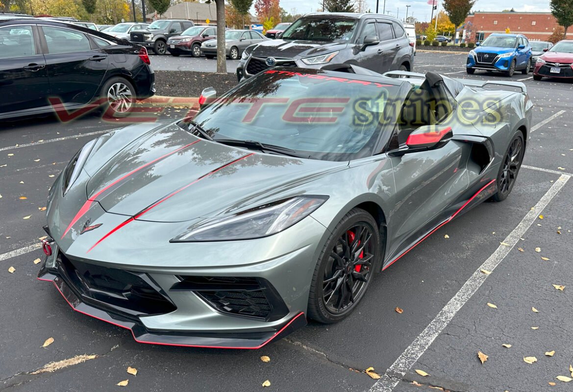 Hypersonic gray C8 Corvette with 3M 2080 gloss carbon flash and bright red brake caliper hood stinger spears