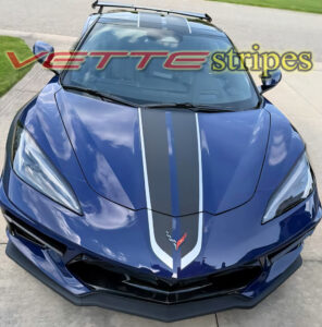 Hysteria Purple C8 Corvette Stingray coupe with matte carbon flash and satin blade silver full length dual racing stripes