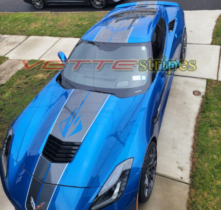 Laguna blue C7 Corvette with cyber gray and silver C7R ME racing stripes