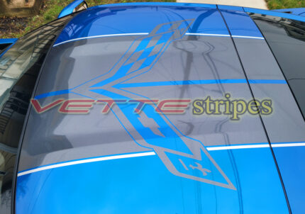 Laguna blue C7 Corvette with cyber gray and silver C7R ME racing stripes