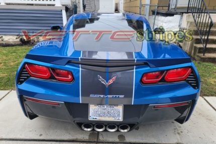 Laguna blue C7 Corvette with cyber gray and silver C7R ME racing stripes
