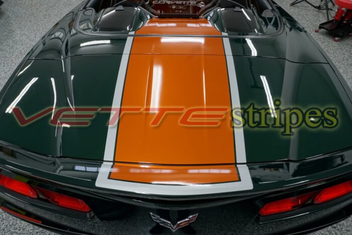 Lime Rock Green C7 Corvette convertible with Gloss metallic orange GT3 stripes