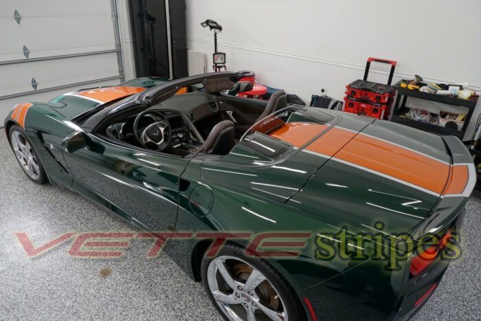 Lime Rock Green C7 Corvette convertible with Gloss metallic orange GT3 stripes