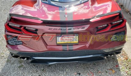 Long beach red C8 Corvette with GM full length dual racing stripes in 3M 1080 carbon flash