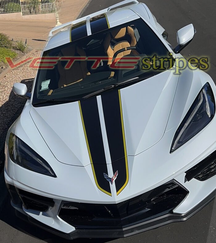 Matrix gray C8 Corvette HTC with 2024 press released Eray stripes in 3M 2080 gloss carbon flash and edge yellow