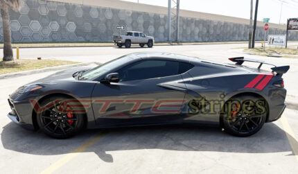 Pitch Gray C8 Corvette Stingray with rear Grand Sport heritage fender hash stripes
