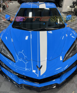 Rapid blue C8 Z06 HTC with asymmetrical 1 color full length dual racing stripes in 3M 2080 HG gloss white