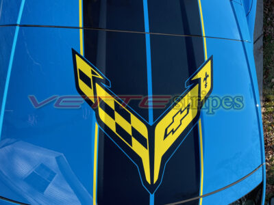 Rapid blue C8 coupe with carbon flash and strike yellow IMSA C8R stripes