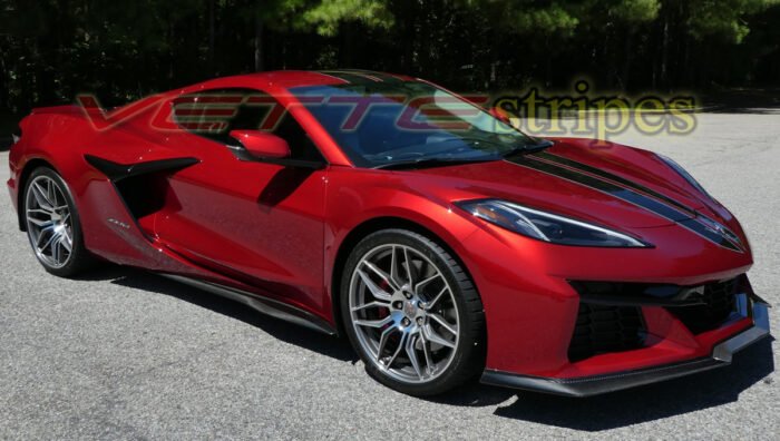 Red mist C8 Corvette Z06 with full length dual racing stripes in 3M 2080 HG carbon flash and silver flare