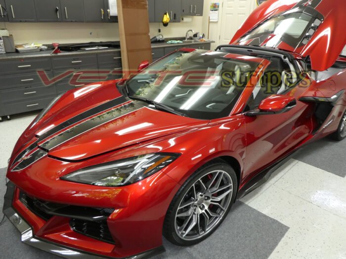 Red mist C8 Corvette Z06 with full length dual racing stripes in 3M 2080 HG carbon flash and silver flare