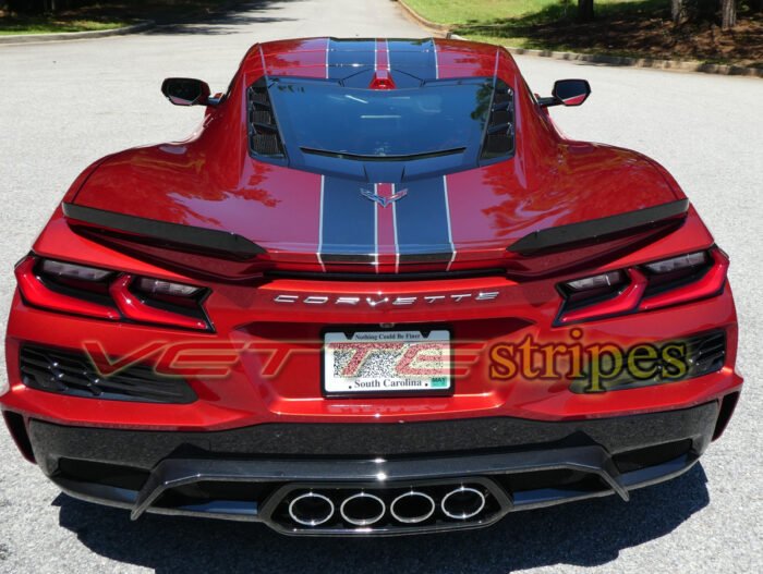 Red mist C8 Corvette Z06 with full length dual racing stripes in 3M 2080 HG carbon flash and silver flare