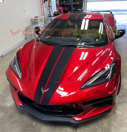 Red mist C8 Corvette convertible with gloss carbon flash racing stripes wider rear