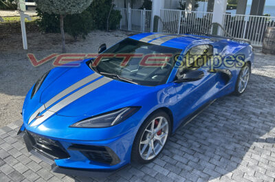 Riptide blue C8 Corvette Stingray with full length dual racing stripes in 3M 2080 HG silver flare and carbon flash