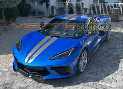 Riptide blue C8 Corvette Stingray with full length dual racing stripes in 3M 2080 HG silver flare and carbon flash