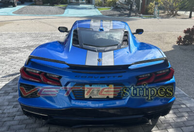 Riptide blue C8 Corvette Stingray with full length dual racing stripes in 3M 2080 HG silver flare and carbon flash