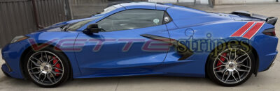 Riptide blue C8 Corvette Stingray with grand sport heritage rear fender hash stripes in gloss red and satin pearl white