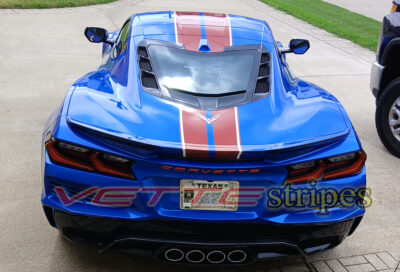 Riptide blue C8 Corvette Z06 with edge red and white GM full length dual racing stripes