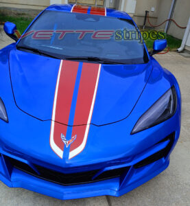 Riptide blue C8 Corvette Z06 with edge red and white GM full length dual racing stripes