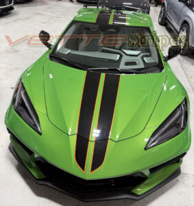 Roswell Green C8 Corvette HTC with 3M 2080 HG gloss carbon flash and edge orange full length dual racing stripes