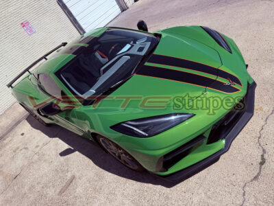 Roswell Green C8 Corvette HTC with 3M 2080 HG gloss carbon flash and edge orange full length dual racing stripes