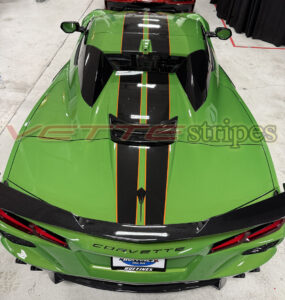 Roswell Green C8 Corvette HTC with 3M 2080 HG gloss carbon flash and edge orange full length dual racing stripes