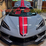 Seawolf Gray C8 Corvette Stingray HTC convertible with gloss adrenaline red and carbon flash full length dual racing stripes