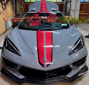 Seawolf Gray C8 Corvette Stingray HTC convertible with gloss adrenaline red and carbon flash full length dual racing stripes