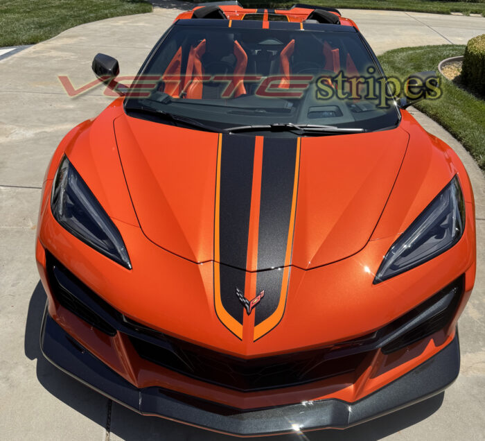 Sebring Orange C8 Corvette Eray HTC with 3M 2080 HG gloss carbon flash and Habanero full length dual racing stripes
