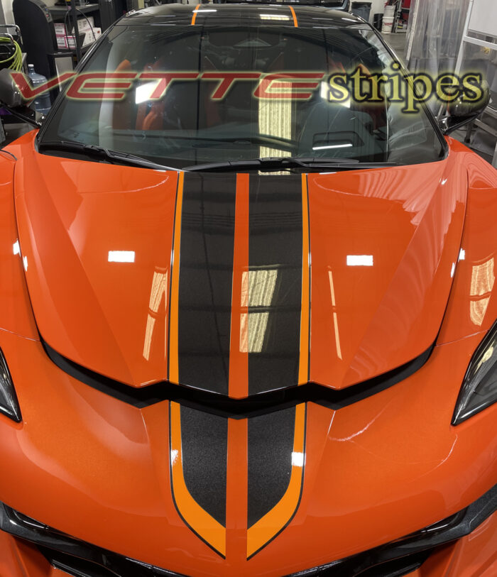 Sebring Orange C8 Corvette Eray with gloss carbon flash and amplified orange full length dual racing stripes