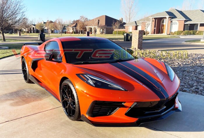 Sebring Orange C8 Corvette coupe with GM full length dual racing stripes in 3M 1080 gloss carbon flash