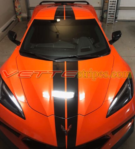 Sebring Orange C8 Corvette coupe with GM full length dual racing stripes in 3M 1080 gloss carbon flash