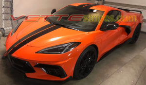 Sebring Orange C8 Corvette coupe with GM full length dual racing stripes in 3M 1080 gloss carbon flash