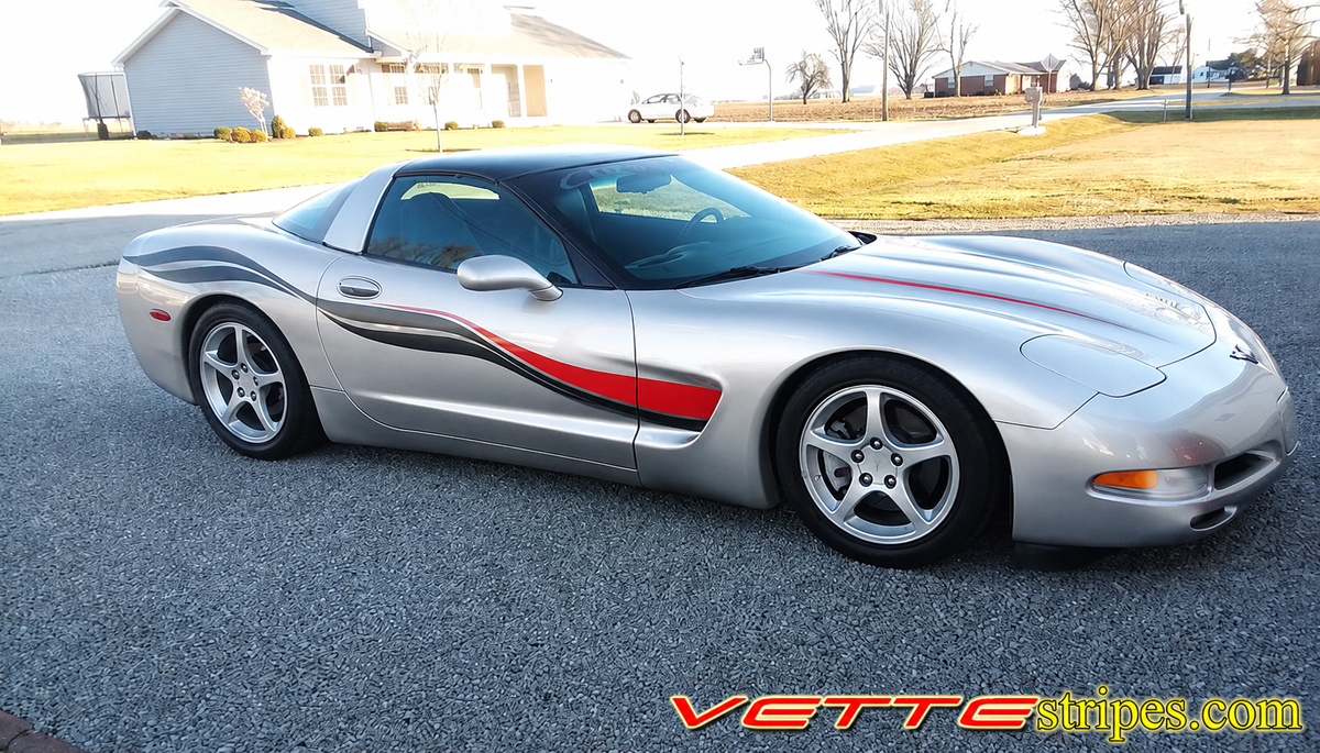 Silver C5 Corvette with black carbon fiber and red side stripes Silver C5 Corvette with black carbon fiber and red side stripes