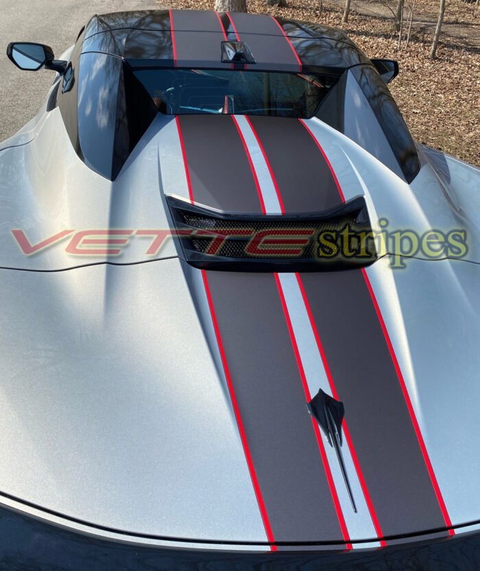 Silver flare C8 Corvette HTC with satin midnight gray and adrenaline red full length dual racing stripes