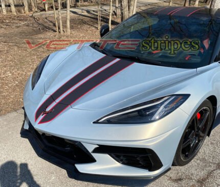 Silver flare C8 Corvette HTC with satin midnight gray and adrenaline red full length dual racing stripes