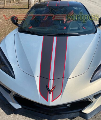 Silver flare C8 Corvette HTC with satin midnight gray and adrenaline red full length dual racing stripes