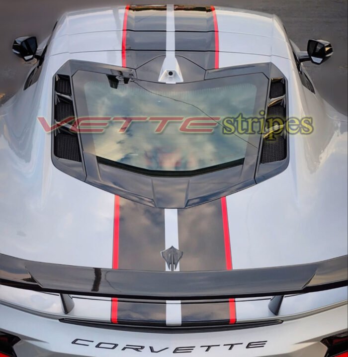 Silver flare C8 Corvette with 3M 2080 HG gloss carbon flash and adrenaline red 2024 full length racing stripes