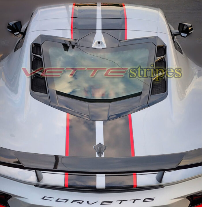 Silver flare C8 Corvette with 3M 2080 HG gloss carbon flash and adrenaline red 2024 full length racing stripes