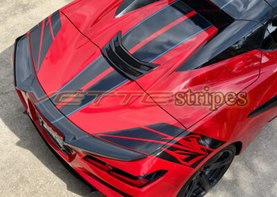 Torch red C8 Corvette Eray with Eray rear fender hash stripes