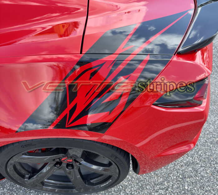 Torch red C8 Corvette Eray with Eray rear fender hash stripes