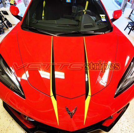 Torch red C8 Corvette HTC with gloss carbon flash and accelerate yellow hood stinger spears