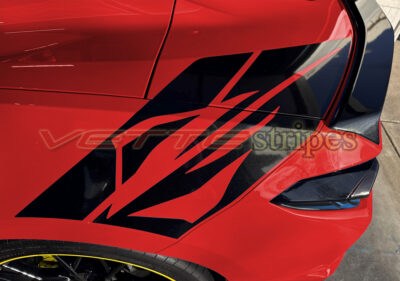Torch red C8 Corvette Stingray with gloss carbon flash Stingray rear fender hash stripes