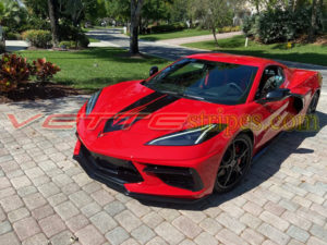 Torch red C8 Corvette hood stinger stripe with Stingray cutout