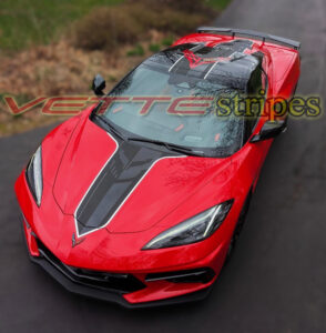 Torch red C8 Corvette with Stingray R hood stripe full package